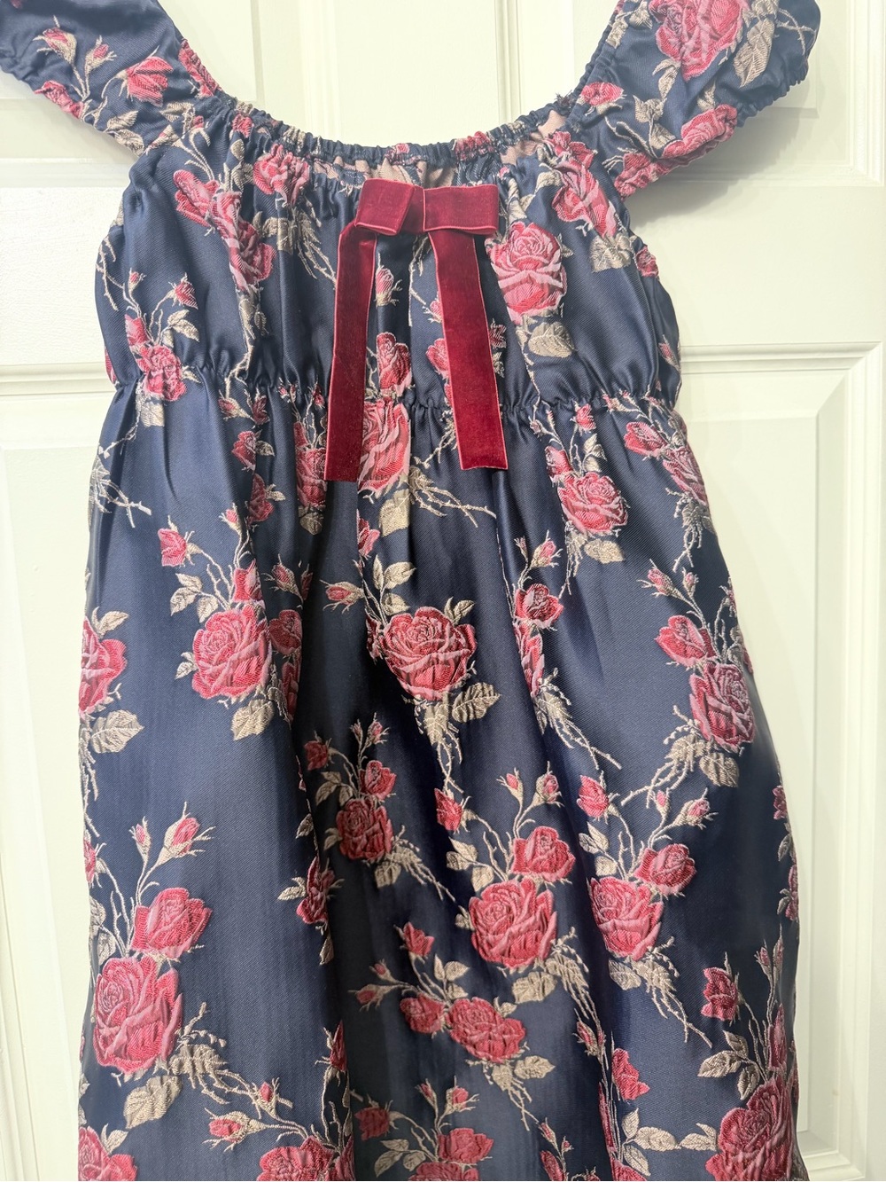 Cider Navy Floral Off-Shoulder Dress with Burgundy Velvet Bow